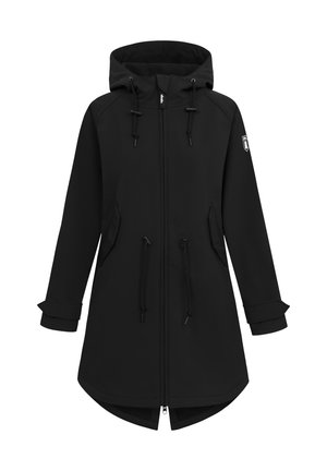 Chaqueta negra impermeable con capucha, cintura con cordón, dos bolsillos frontales y dobladillo curvado. Presenta puños enrollados y cierre de cremallera.