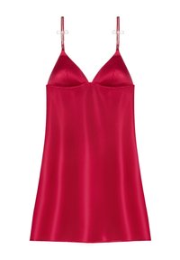 Punainen silkki-slip-dress, jossa on V-mallinen kaula-aukko, ohuet hihnat ja koristeelliset solmiot. Sileä rakenne ja yksinkertainen muotoilu korostavat elegancea.