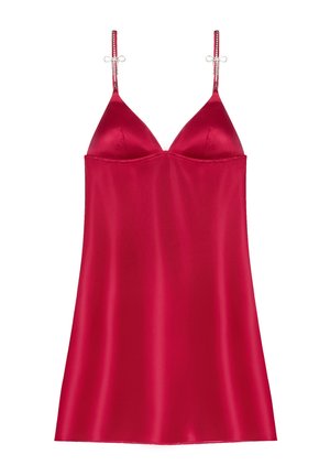 Rotes Satin-Nachthemd mit einem V-Ausschnitt, dünnen Trägern und dekorativen Schleifen. Die glatte Textur und das schlichte Design konzentrieren sich auf Eleganz.