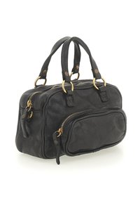 Borsa a tracolla in pelle nera testurizzata con due manici robusti, chiusure con zip dorate e una tasca esterna anteriore con zip.