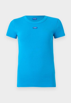 Bright blue short-sleeve ribbed T-shirt with round neck and small blue "HUGO" logo patches on chest and inside collar.