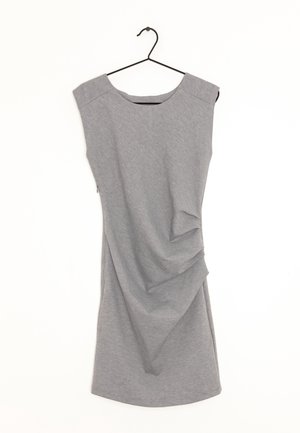 Gray sleeveless knee-length dress with crew neck and side ruching hanging on black hanger against white background.