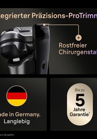 Elektrischer Trimmer mit schwarzem Kunststoffgehäuse, präziser Klinge aus Edelstahl und ergonomischem Griff. Enthält deutsche Flagge und Garantiedetails.