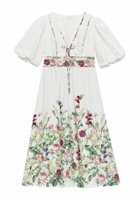 Weißes Blumen-Kleid mit Puffärmeln, das über einen floral gemusterten Bund, einen V-Ausschnitt und verschiedene botanische Drucke in Rosa, Grün und Blau verfügt.