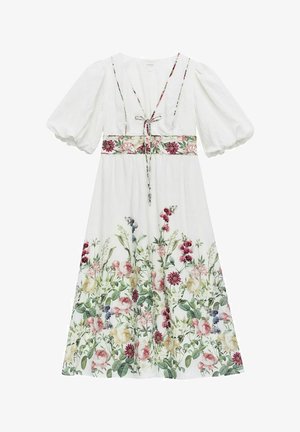 Valkoinen kukkamekko puffihihnoilla, jossa on kukkakuosiset vyötärönauhat, V-pääntie ja erilaisia kasvitulosteita vaaleanpunaisena, vihreänä ja sinisenä.