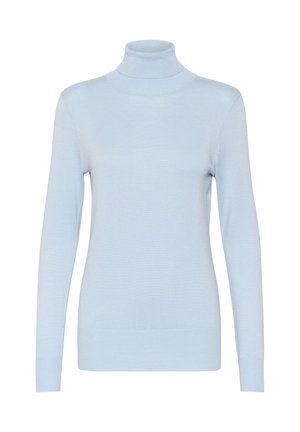 Helles blaues Rollkragensweatshirt, mit langen Ärmeln, aus weichem Stoff gefertigt, mit taillierter Passform und gerippten Bündchen und Saum.