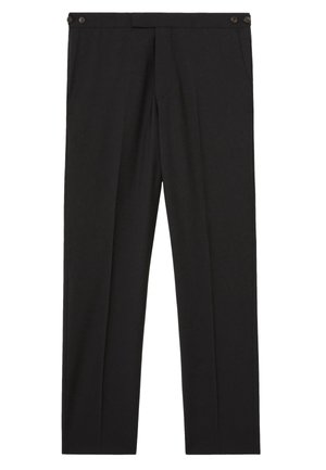Pantalones negros a medida con botones laterales en la cintura, pliegues delanteros y piernas rectas, adecuados para uso formal o de oficina.