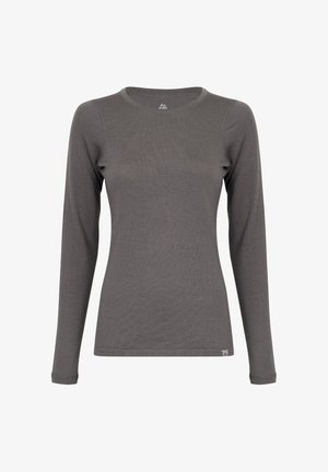 Långärmad topp i mörkgrått, tillverkad av mjukt tyg med en figursydd design, som har en rund halsringning och minimala synliga söm detaljer.