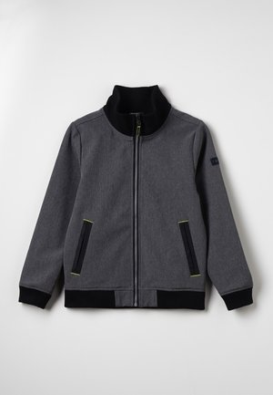 Szara kurtka na zamek wykonana z teksturowanej tkaniny, z wysokim kołnierzem, dwoma czarnymi bocznymi kieszeniami z zielonymi akcentami oraz czarnymi prążkowanymi mankietami i dołem.