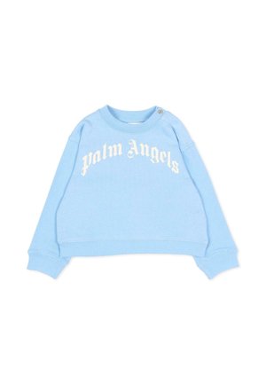 Felpa azzurro chiaro a maniche lunghe con la scritta "Palm Angels" in carattere gotico bianco sul petto e un bottone a pressione vicino al collo.
