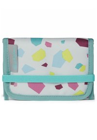 Wallet featuring a white geometric pattern with pink, yellow, and blue shapes, secured by a mint green strap and trimmed in matching fabric.
