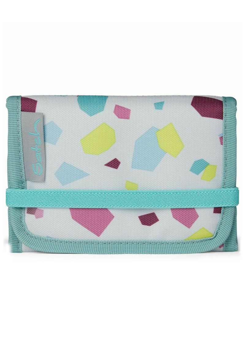 Wallet featuring a white geometric pattern with pink, yellow, and blue shapes, secured by a mint green strap and trimmed in matching fabric.