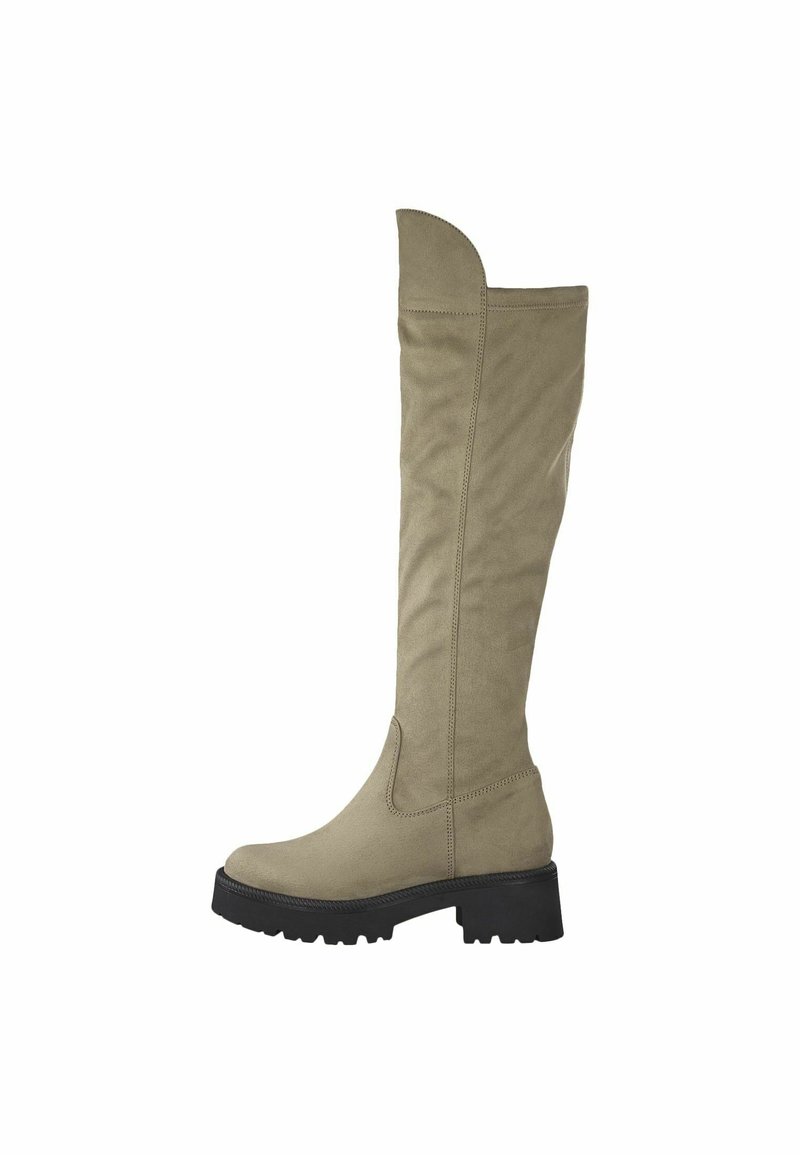 Knee-high boots in light olive green suede with a rounded toe and a thick black platform sole; features minimal stitching and a clean design.