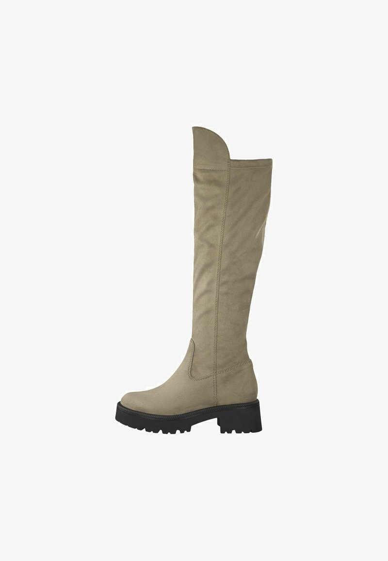 Knee-high boots in light olive green suede with a rounded toe and a thick black platform sole; features minimal stitching and a clean design.