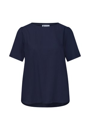 Marineblauwe blouse met korte mouwen, ronde halslijn en licht gebogen zoom, ontworpen voor casual of professioneel gebruik.
