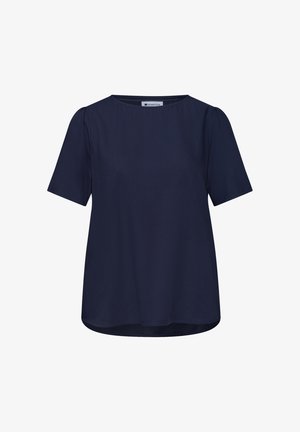 Blusa blu navy a maniche corte con scollo rotondo e orlo leggermente curvo, realizzata per un uso casual o professionale.