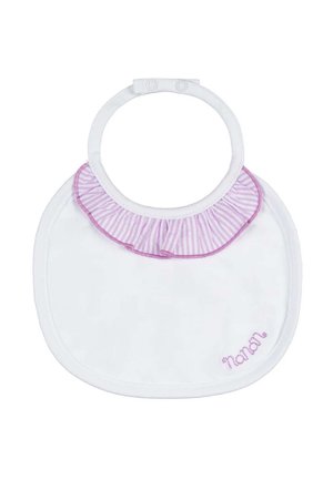 Bavaglino bianco per bebè con bordo arricciato a righe viola e chiusura a scatto, con logo "Nanán" viola ricamato in basso a destra.