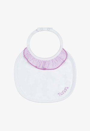 Biały śliniak dla dziecka z fioletowymi paskowanymi falbankami i zapięciem na zatrzask, z haftowanym fioletowym logo "Nanán" w dolnym prawym rogu.