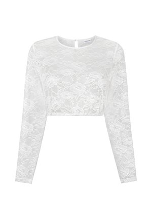 Weißes langärmliges cropped Spitzentop mit floralem Muster, rundem Ausschnitt und Knopfverschluss hinten.