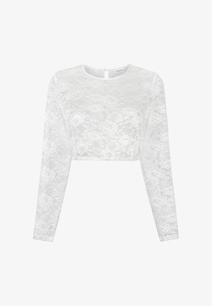 Weißes langärmliges cropped Spitzentop mit floralem Muster, rundem Ausschnitt und Knopfverschluss hinten.