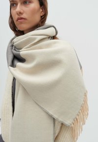 Beige en grijze sjaal met een zachte textuur, voorzien van franjes aan de randen en een gladde afwerking. Dicht om de hals gewikkeld voor warmte.