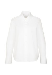 Chemise blanche à manches longues avec boutons, col pointu et poignets, présentée sur un fond blanc uni.
