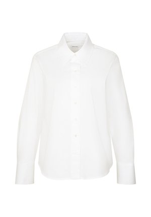 Wit overhemd met lange mouwen, knoopsluiting, puntige kraag en manchetten, getoond op een effen witte achtergrond.