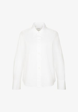 Wit overhemd met lange mouwen, knoopsluiting, puntige kraag en manchetten, getoond op een effen witte achtergrond.