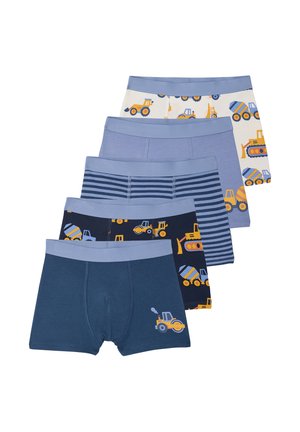 Fünf Paar Jungen-Boxershorts in Blautönen, mit Aufdrucken von Baumaschinen, einfarbig und mit horizontalen Streifen.