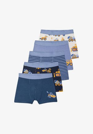 Five pairs of boys' boxer briefs in blue tones, featuring construction vehicle prints, solid colors, and horizontal stripes.
