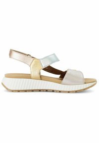 Sandali con tacco largo e cinturini metallici in tonalità oro, argento e iridescenti. Suola in gomma bianca testurizzata per grip e comfort.