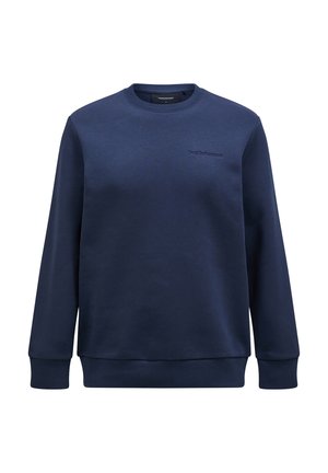 Felpa blu navy realizzata in morbido cotone mix, con scollo a girocollo, polsini e orlo a costine, e un discreto logo in rilievo sul petto.