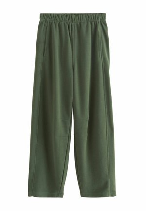 Pantaloni sport din stofă verde închis, cu un design cu picioare late, talie elastică, două buzunare laterale și cusături accent pe genunchi.