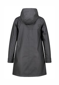 Manteau imperméable noir, mi-long, avec capuche et coupe droite. Texture lisse avec un minimum de coutures, adapté aux conditions humides.