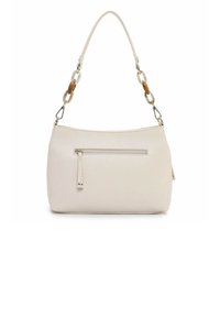 Béžová kožená kabelka s hladkou texturou, vybavená horním uchopením a kapsou na zip. Ozdobena dekorativními řetízkovými články.
