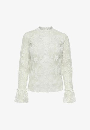 Nėrinių palaidinė šviesiai žalia spalva, ilgomis rankovėmis su raukinukų manžetėmis, gėlių raštais ir apvalia iškirpte. Permatoma tekstūra.