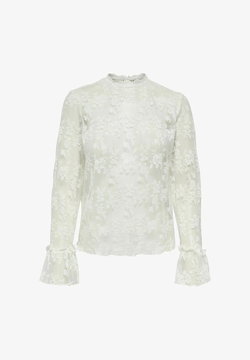 Krajková halenka světle zelené barvy s dlouhými rukávy zakončenými volánky, květinovým vzorem a zaobleným výstřihem. Průhledná textura.