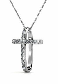 Collana con pendente a forma di croce argentata caratterizzata da un design circolare e decorata con strass trasparenti su un lato. Include una catena sottile.