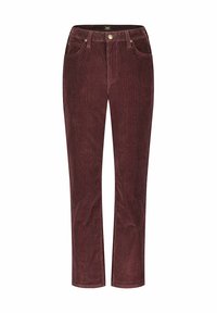 Burgundy corduroy pants with a straight fit, featuring front pockets and a gold button accent at the waistband. Soft texture.