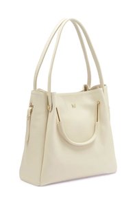 Krämfärgad faux läder tote väska med två långa handtag, detaljer i guld och en strukturerad yta. Har en huvudsaklig dragkedjeavdelning och en sidoficka.