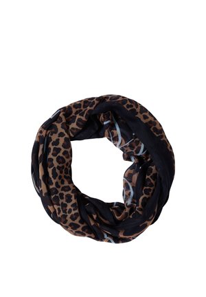 Foulard infini léger avec imprimé léopard marron et noir et accents bleus subtils, disposé en boucle circulaire sur fond blanc.
