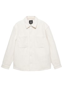 Valkoinen fleecekangas takki kauluksella, edessä napillinen suljenta ja kaksi rintataskua. Renno istuvuus ja teksturoitu pinta.