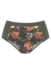 Μπικίνι κάτω μέρος σε σκούρο πράσινο χρώμα με πολύχρωμο λουλουδάτο σχέδιο. Διαθέτει απαλή υφή και πορτοκαλί λεπτομέρειες.