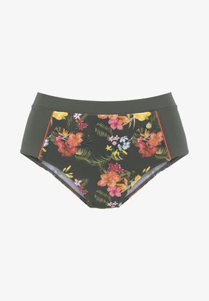 Högmidjad bikiniunderdel i mörkgrön med ett färgglatt blommönster. Har en mjuk textur och detaljer i orange.