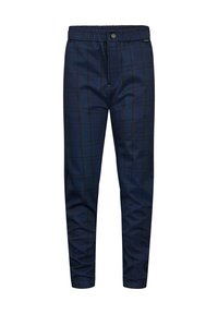 Pantaloni blu navy con motivo a righe, dotati di una vita elastica, chiusura con bottone e una vestibilità slim. Texture liscia.