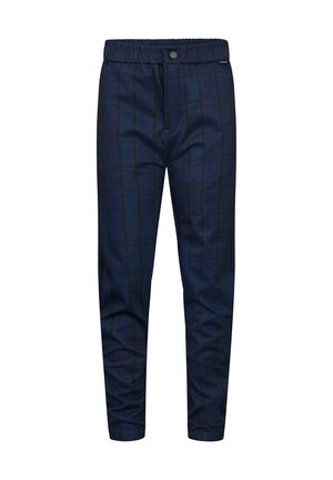 Navyblauwe broeken met een ruitpatroon, voorzien van een elastische tailleband, een knoopsluiting en een slim fit ontwerp. Vlotte textuur.