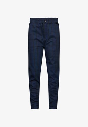 Marineblaue Hose mit Karomuster, ausgestattet mit einem elastischen Bund, einem Knopfverschluss und einem schmalen Schnitt. Glatte Textur.