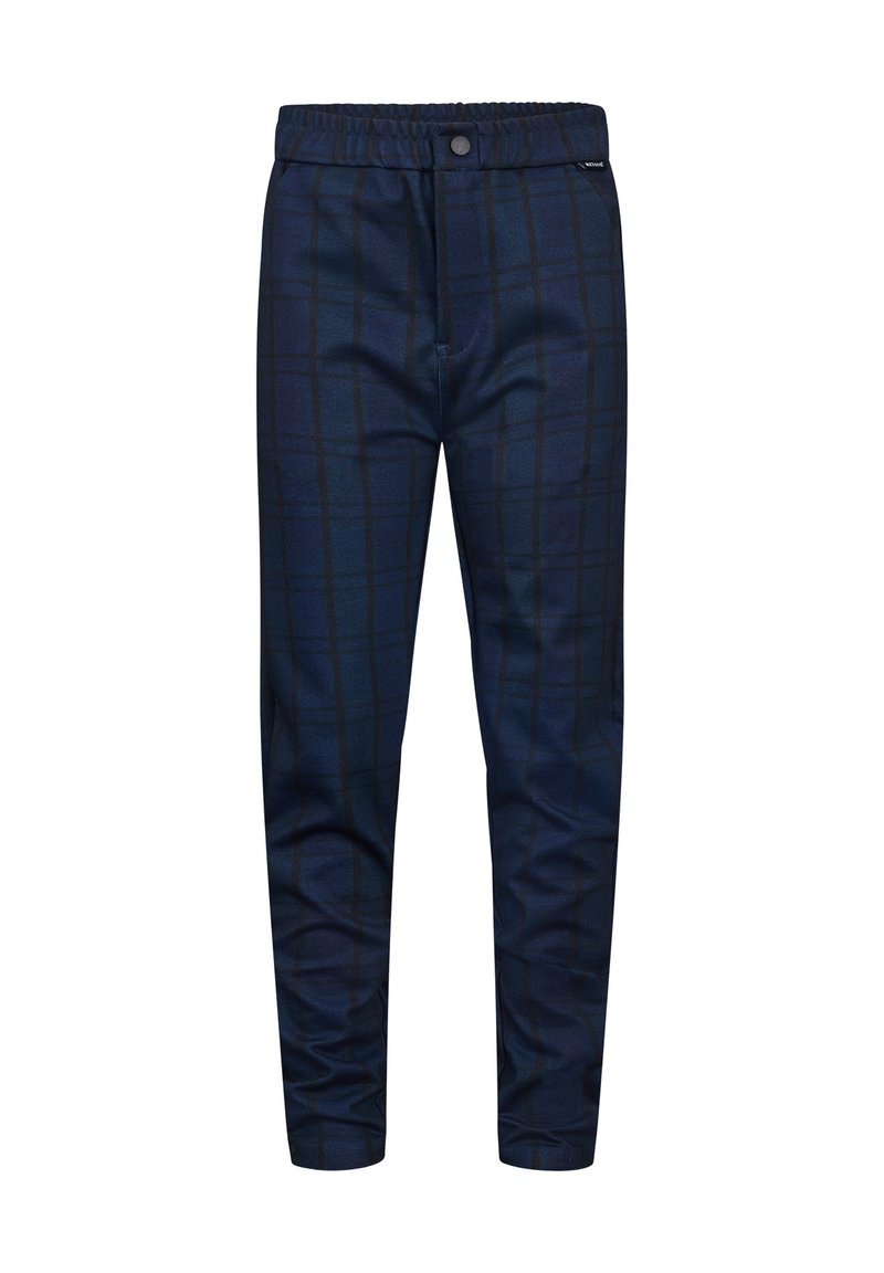 Pantaloni blu navy con motivo a righe, dotati di una vita elastica, chiusura con bottone e una vestibilità slim. Texture liscia.