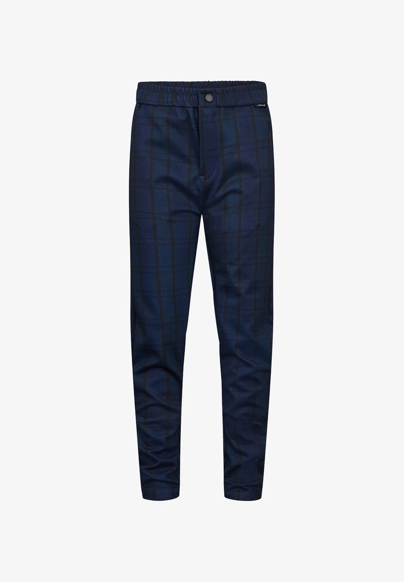 Pantaloni blu navy con motivo a righe, dotati di una vita elastica, chiusura con bottone e una vestibilità slim. Texture liscia.