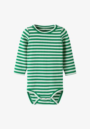 Body bébé à manches longues avec rayures horizontales vertes et blanches, équipé de boutons-pression à l'entrejambe pour faciliter le changement de couche.